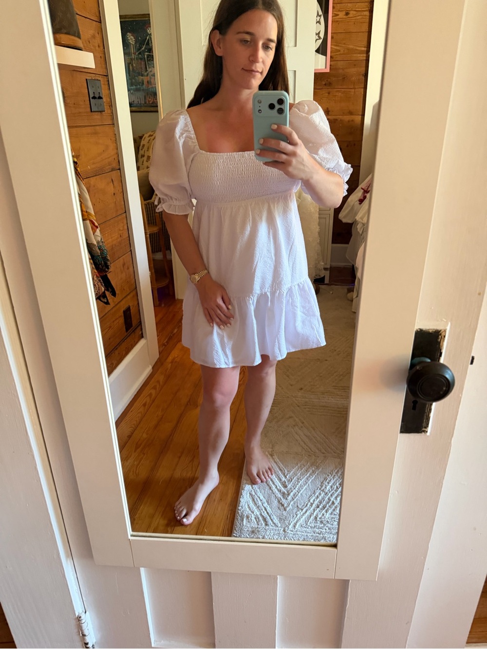 Charlie Holiday White Smocked Puff-Sleeve Mini Dress